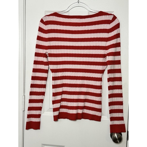 Marled Striped Cable Knit Sweater Women's Size Medium Red Pink Stretchy - Picture 3 of 9